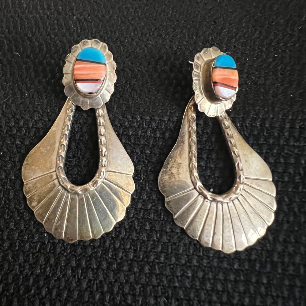 Southwest Sterling Silver Multi Stone Inlay Scalloped Fan Dangle Earrings Westrn